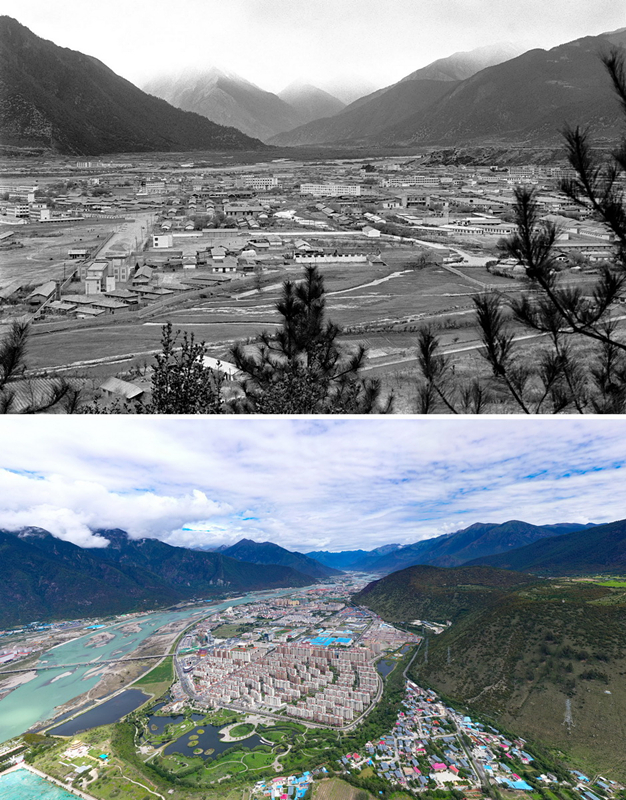 拼版照片:上图是20世纪90年代的西藏林芝八一镇;下图是2021年7月20日拍摄的西藏林芝八一镇风貌。 拼版照片:上图是20世纪90年代的西藏林芝八一镇;下图是2021年7月20日拍摄的西藏林芝八一镇风貌。